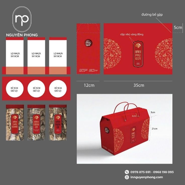 Trọn bộ bao bì kèm theo túi giấy đựng nấm 